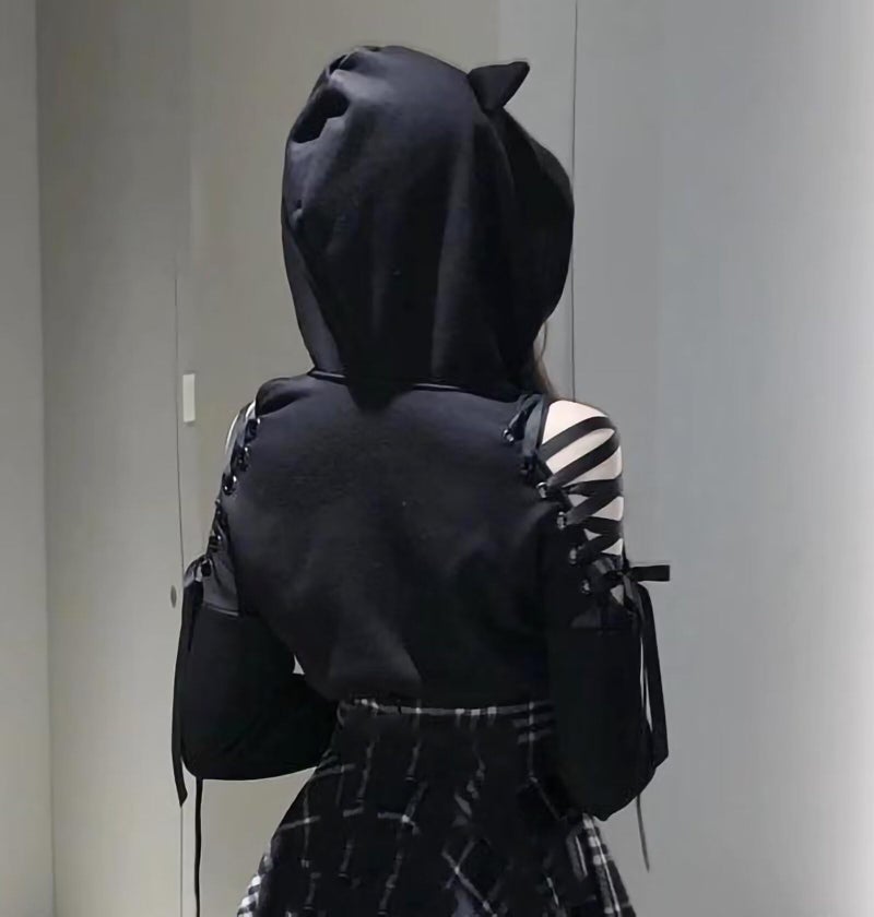 Dolpind Womens Cat Ear Hoodie Sweatshirt Long Sleeve Sweater Off Shoulder Cat Cute Crop Top Hoodies Pullover - Image 3